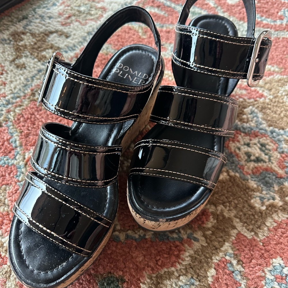 Donald J. Pliner Sandals Black Patent Leather Cork Wedge Irving sz 8 worn once - Picture 2 of 8